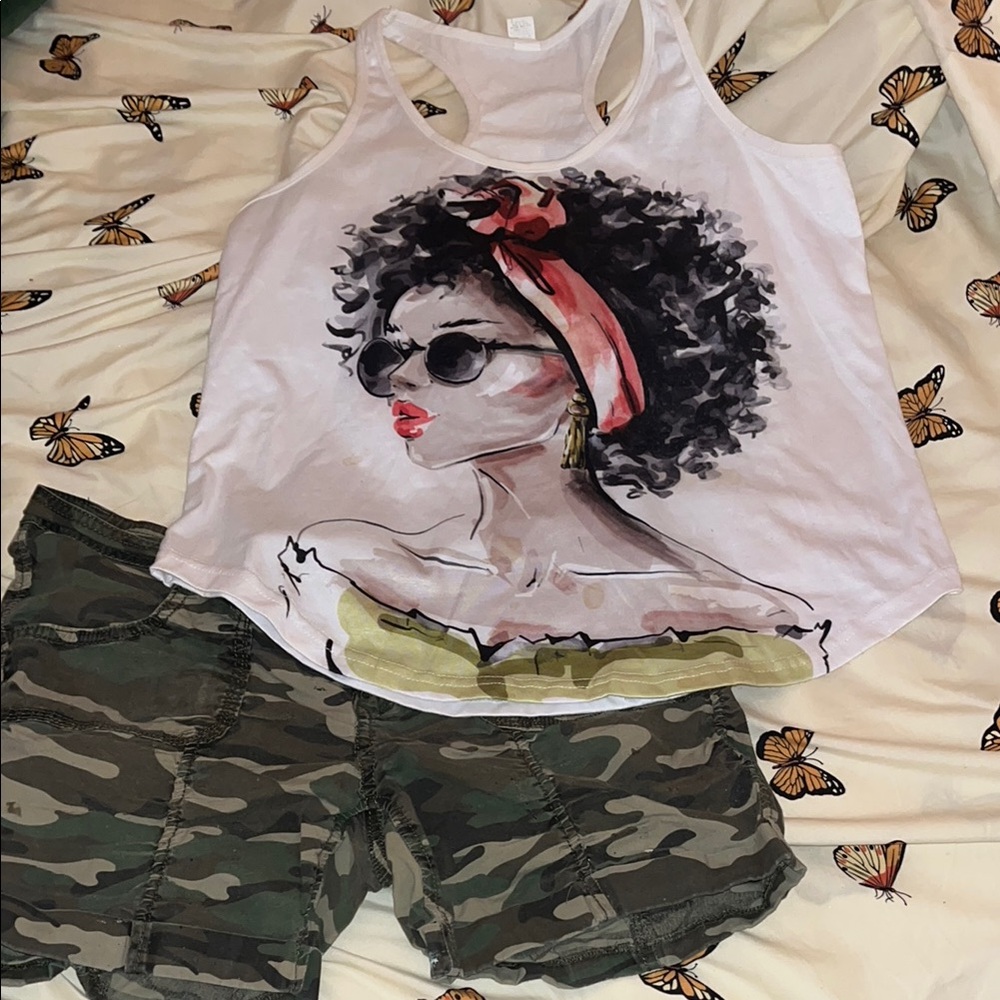 Stylish Graphic Tank Top and Camo Shorts